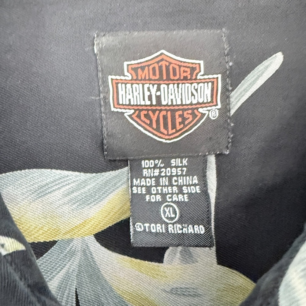 Harley Davidson Hawaiian Shirt Mens XL Black Floral Silk Pocket Button Up - Picture 3 of 7
